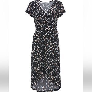 GILLI FAUX WRAP SHORT SLEEVE DRESS‎ BLACK MULTI XS NWT